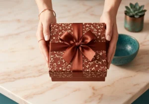دستانی در حال تقدیم یک جعبه هدیه شیک با طرحهای اسلیمی و روبان ساتن برای خرید هدیه خاص زنانه