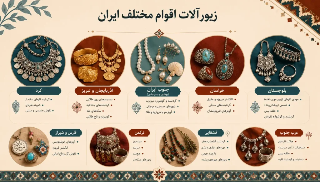 اینفوگرافیک زیورآلات اقوام مختلف ایران شامل کرد، ترکمن، بلوچ، قشقایی، عرب، خراسان، فارس، جنوب ایران و آذربایجان